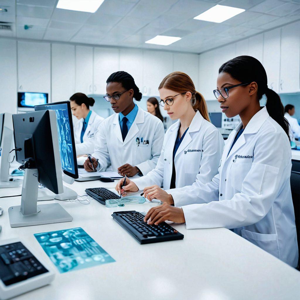 A diverse group of healthcare professionals analyzing charts, blood samples, and imaging scans in a futuristic medical lab, showcasing advanced diagnostic equipment and technology. Emphasize clean and modern aesthetics with a spacious, well-lit environment. The expressions should convey diligence and collaboration. digital painting. vibrant colors. white background.